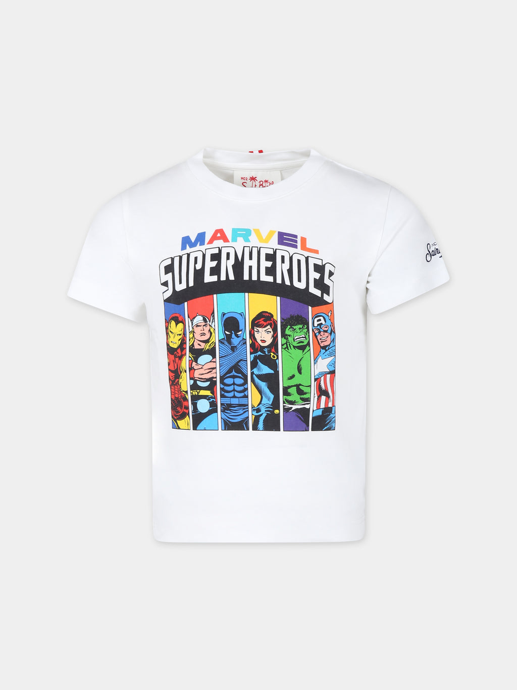 T-shirt bianca per bambino con stampa Supereroi